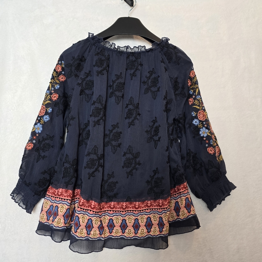 John Mark Split Neck Tunic Embroidered Sleeves Navy Size Large - Picture 6 of 13